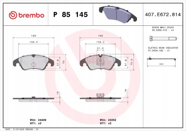 Brembo P 85 145 набор тормозных колодок, дисковые тормоза
